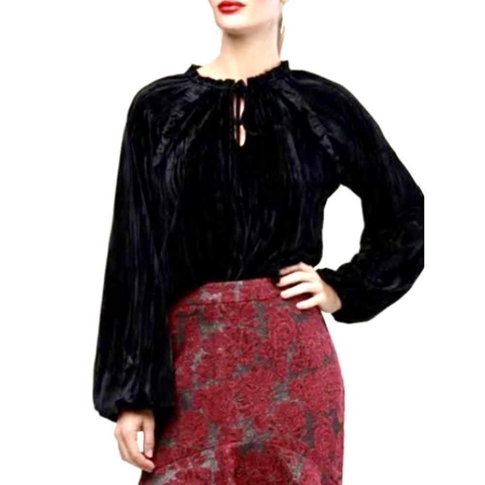 Rachel Parcell Black Crinkle Velvet Whimsy Goth Boho Dark Romantic Blouse S‎ NWT